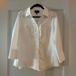 Foxcroft White Ruffle Button Down Shirt - Fitted Fit